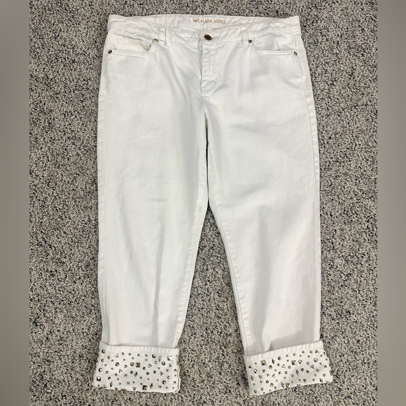 MICHAEL KORS womens size 10 Sexy Boyfriend ivory gold studded cuffed denim jeans - Picture 1 of 14